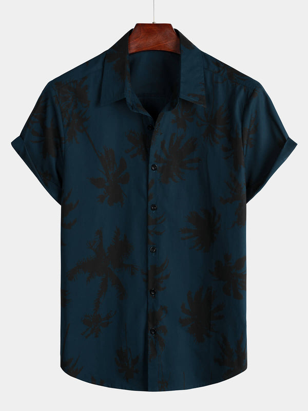 Men's Palm Print Shirt, 100% Cotton, Navy Blue, Short Sleeve, Hawaiian Collar