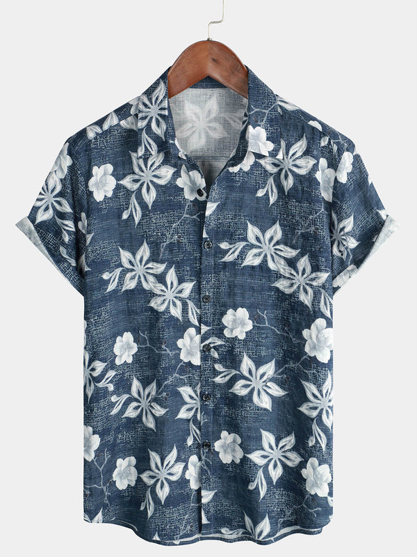 Men's Summer Beach Shirt With Hawaiian Floral Print, Short Sleeves And Button Placket