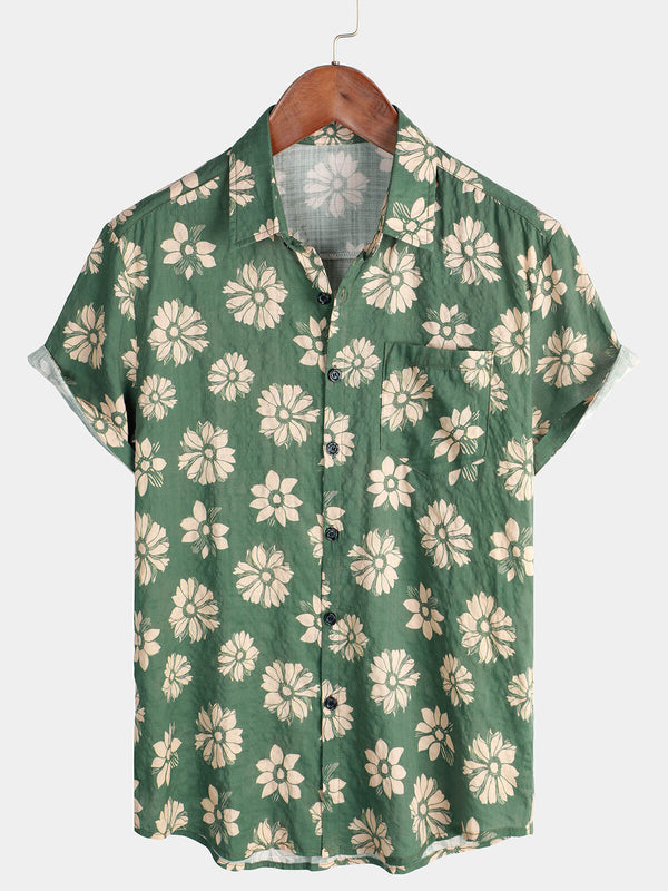 Men's Holiday Summer Shirt With Green Floral Pattern, Short Sleeve, Button Placket