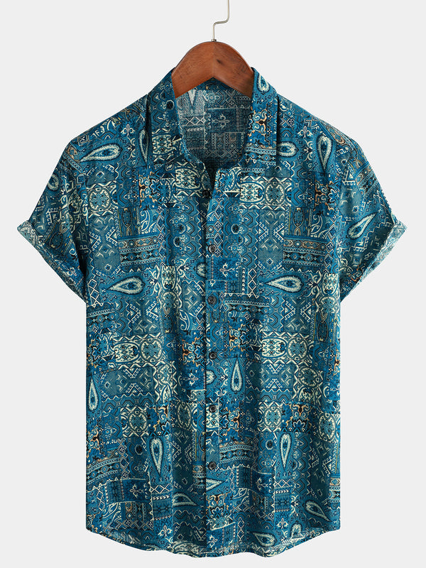 Men's Vintage Beach Tropical Print Vacation Tribal Boho Style Short Sleeve Retro Blue Button Down Shirt