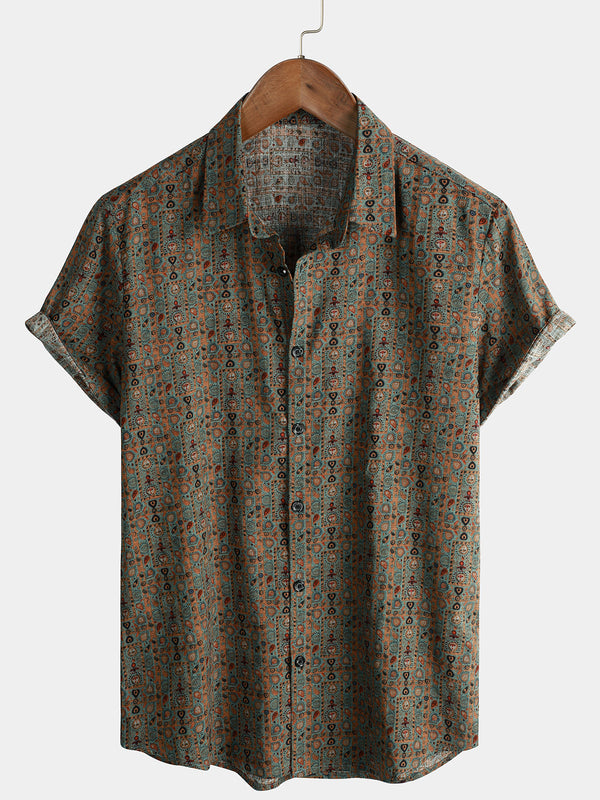 Men's Vintage Paisley Print 70S Button Up Green Boho Retro Tribal Short Sleeve Shirt