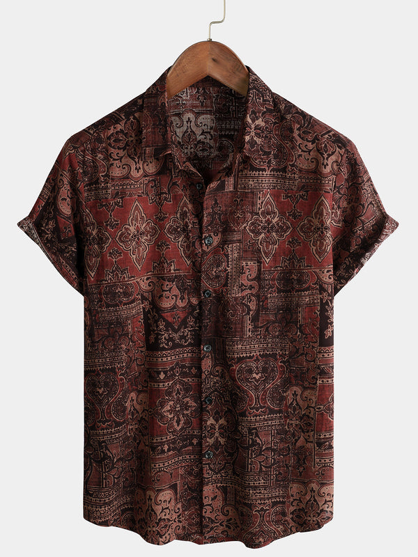 Men's Short-Sleeved Cotton Shirt With Retro Paisley Floral Print And Vintage Holiday Western Pattern