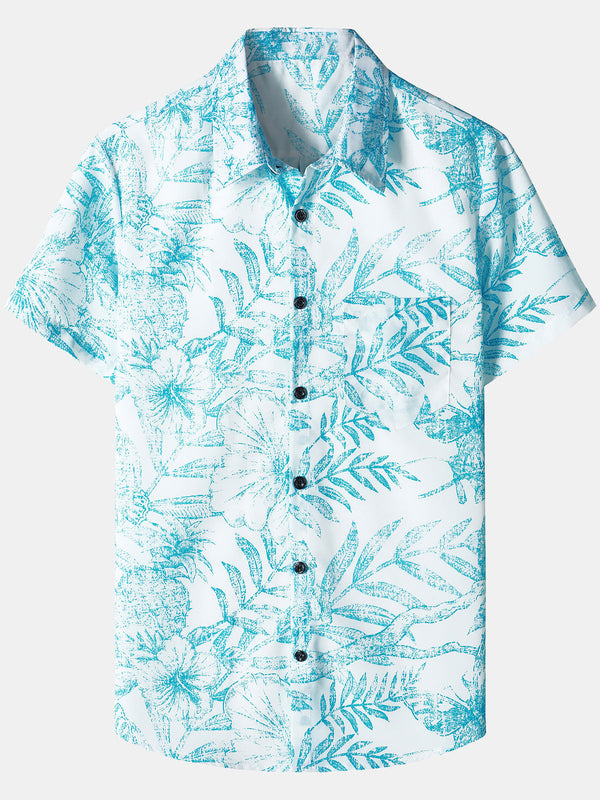 Men's Blue Casual Aloha Shirt With Hawaiian Pocket In Tropical Print