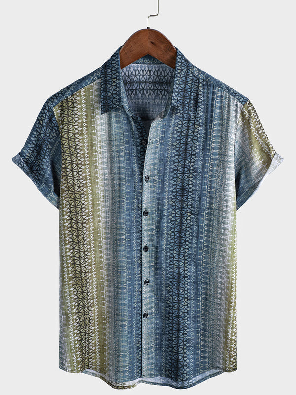Men's Short-Sleeved Shirt With Retro Stripe Print And Color Gradient