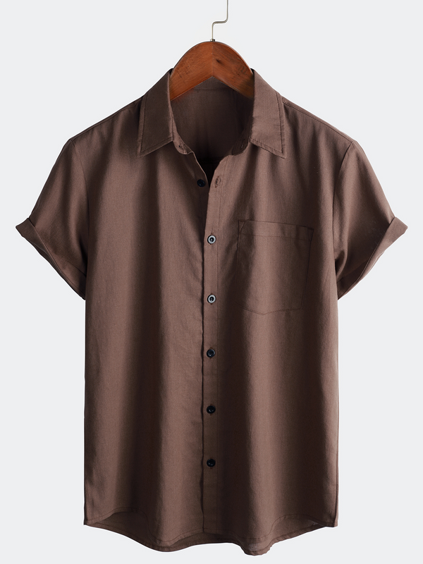 Men's Casual Hawaiian Button-Down Shirt Made Of Cotton Linen With Pockets And Short Sleeves
