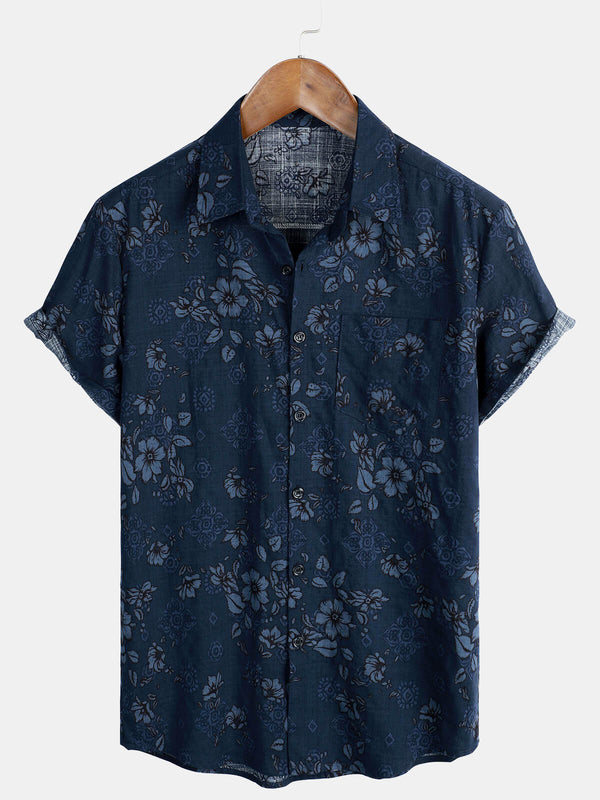 Men's Blue Hawaiian Vintage Cotton Floral Shirt