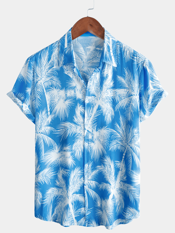 Men's Blue Tropical Print Beach Short Sleeve Shirt