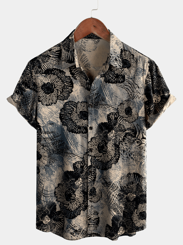 Casual Short-Sleeved Men's Shirt With Retro Floral Pattern And Buttons
