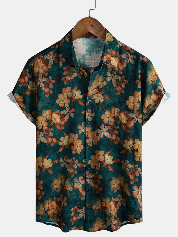Men's Summer Shirt With Floral Pattern, Green, Short Sleeves, With Buttons