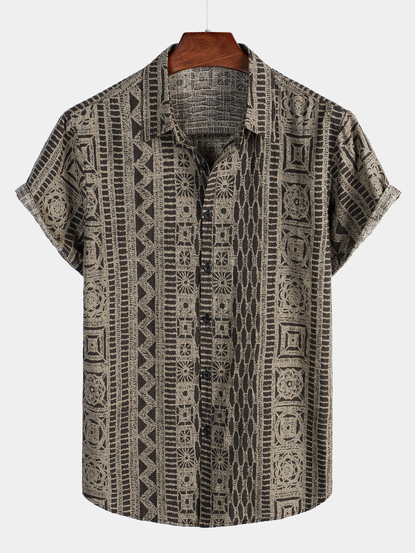 Men's Casual Short-Sleeved Button-Up Shirt In Boho Style