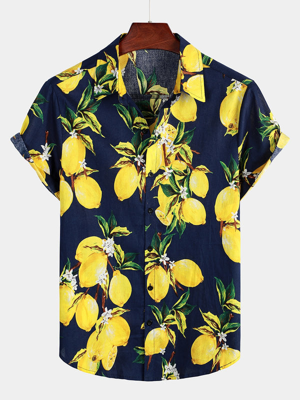 Men's Hawaiian Short-Sleeved Shirt With Tropical Yellow Lemon Pattern