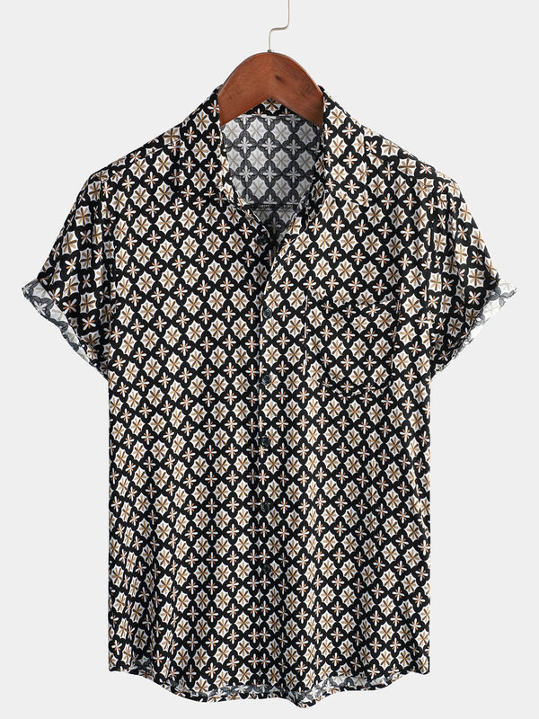 Men's Summer Beach Short Sleeve Shirt With Black Buttons