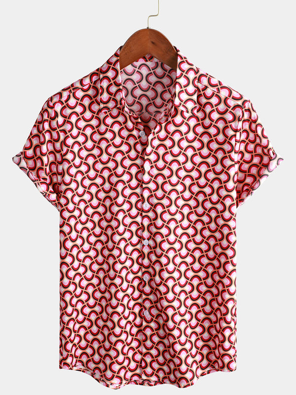 Men's Red Vintage Geometric Pattern Short-Sleeved Button-Down Shirt
