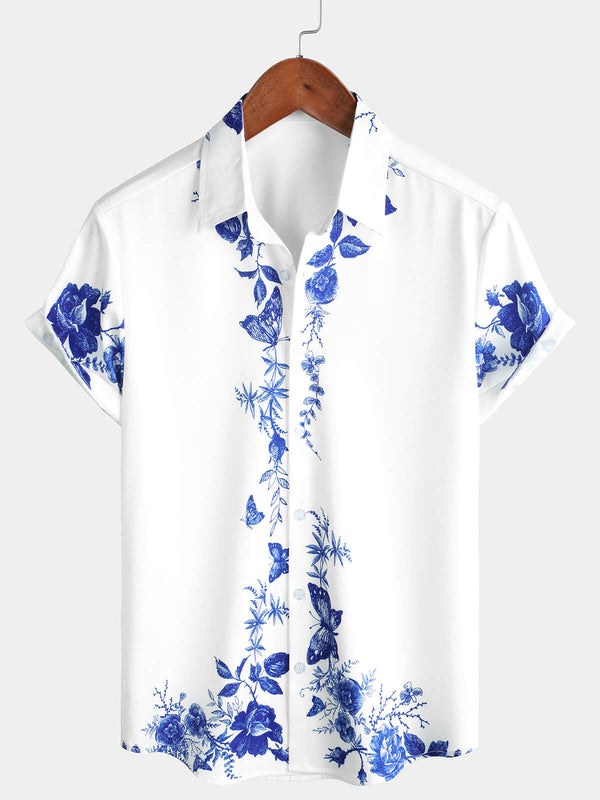 Men's Blue Hawaiian Floral Print Button Down Summer Beach Casual Collar Short Sleeve Shirt