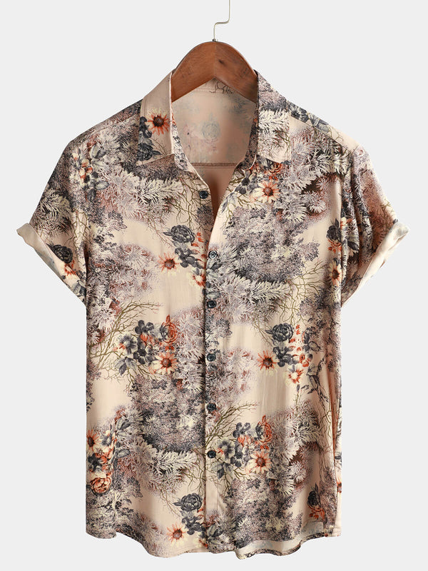 Men's Casual Retro Button-Down Shirt With Floral Print