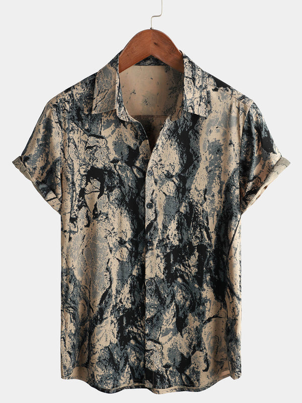 Men's Khaki Retro Art Print Casual Short Sleeve Button Down Shirt