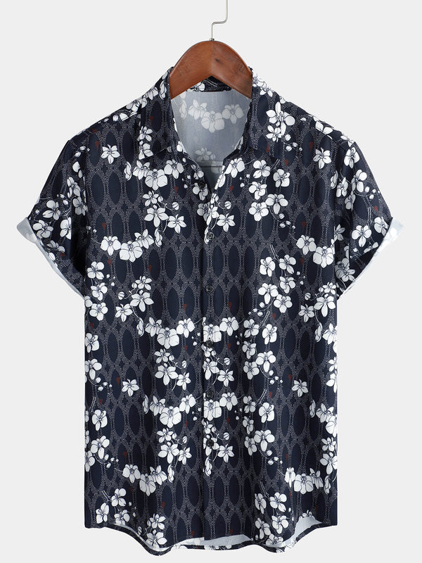 Men's Cherry Blooms Floral Holiday Navy Blue Short Sleeve Button Down Shirt