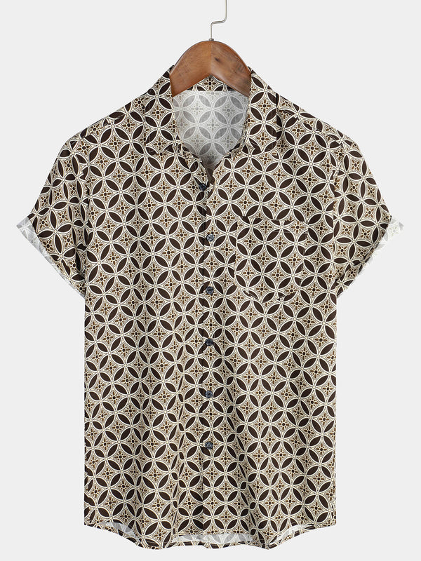 Khaki Short-Sleeved Men's Shirt With Geometric Floral Pattern And Pockets