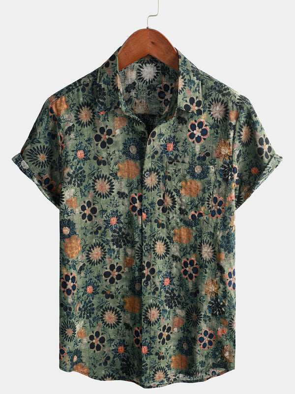 Casual Short-Sleeved Men's Shirt With Vintage Floral Print