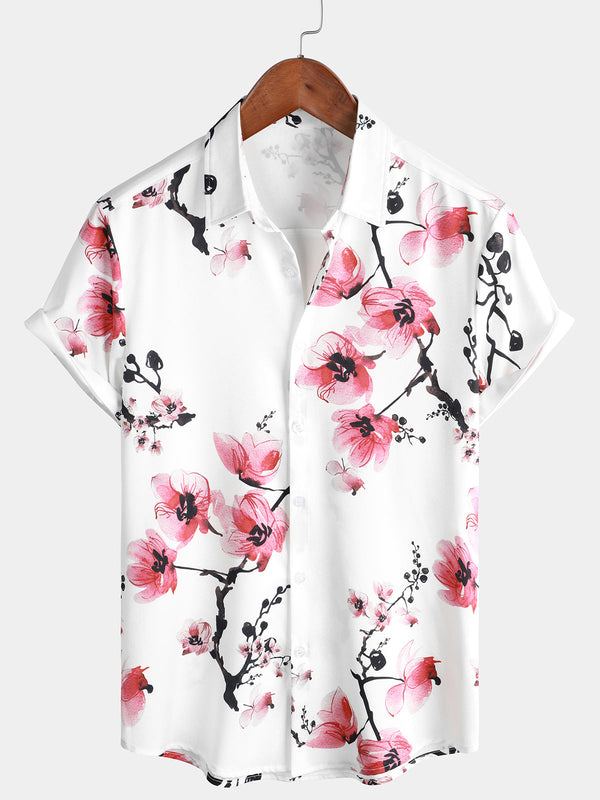 Men's Casual Pink Floral Print Summer Button Down Short Sleeve Cherry Blossom Shirt