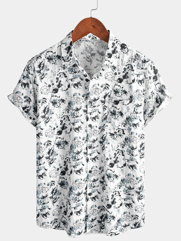 Men's Short-Sleeved Cotton Shirt With Floral Pattern In White And Black For Summer