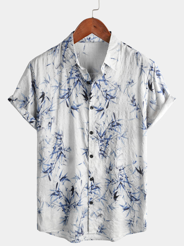 Men's Cotton Bamboo Art Print Button-Down Hawaiian Shirt, Summer Casual Short Sleeve, Light Blue