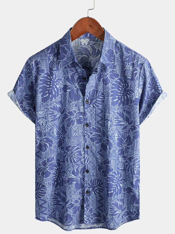 Men's Navy Blue Short-Sleeved Summer Shirt With Hawaiian Flower Hibiscus Print