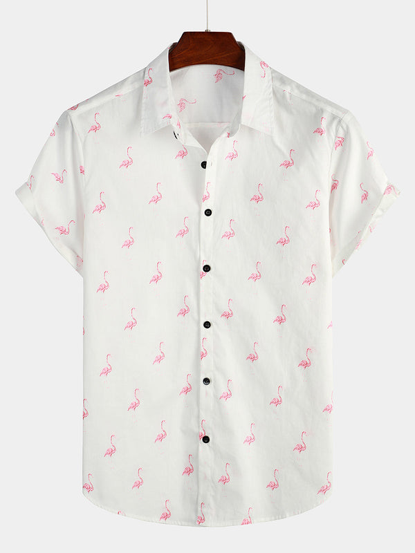 Pink Short-Sleeved Men's Shirt With Flamingo Print And Buttons