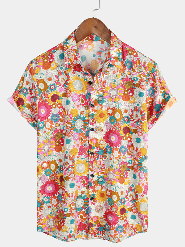 Men's Hawaiian Shirt With Floral Print, Cool Floral Pattern, Summer Cotton Button Down Beach Short Sleeve
