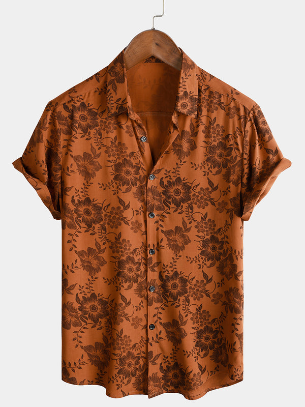 Men's Breathable Short Sleeve Button Down Shirt In Brown With Floral Print, Vintage Style, Vacation