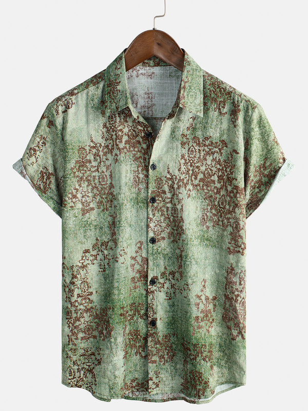 Men's Green Vintage Short-Sleeved Cotton Button-Down Summer Shirt