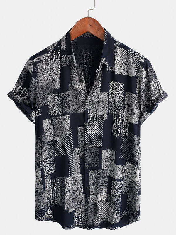 Men's Patchwork Print, Daisy, Floral, Vintage, Retro, Holiday, Short Sleeve, Button Placket