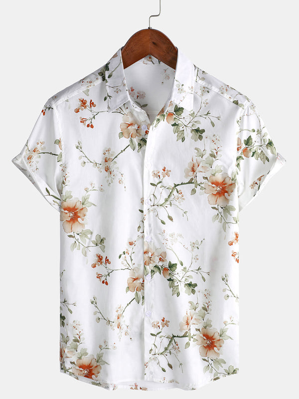 Men's Short-Sleeved Floral Shirt Made Of Cotton With Hawaiian Floral Print