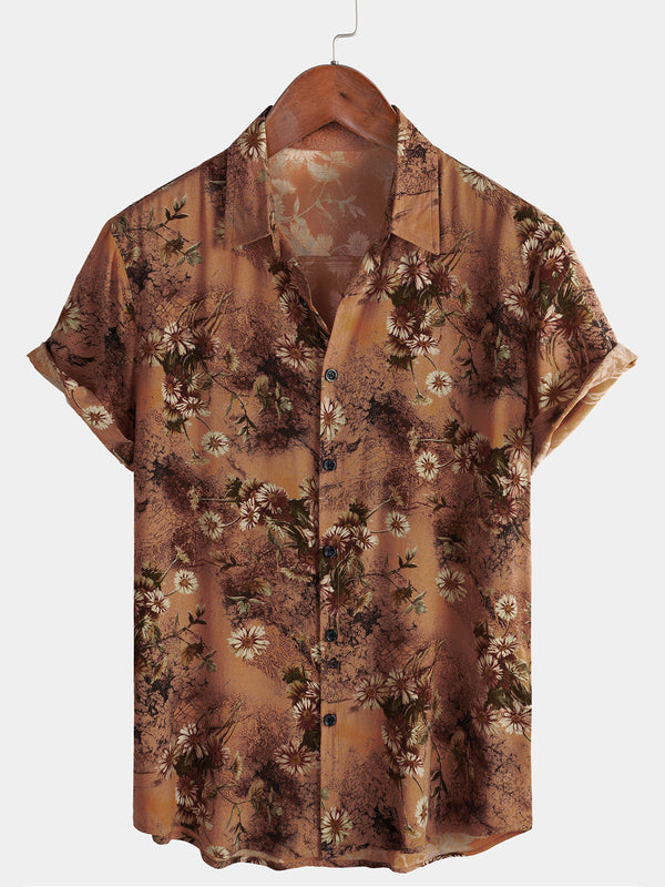 Men's Short-Sleeved Shirt With Retro Floral Pattern In Brown For Summer Holidays