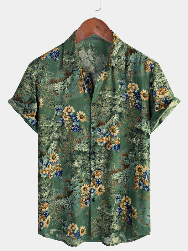 Men's Short-Sleeved Shirt With Retro Floral Pattern In Green For Summer Holidays