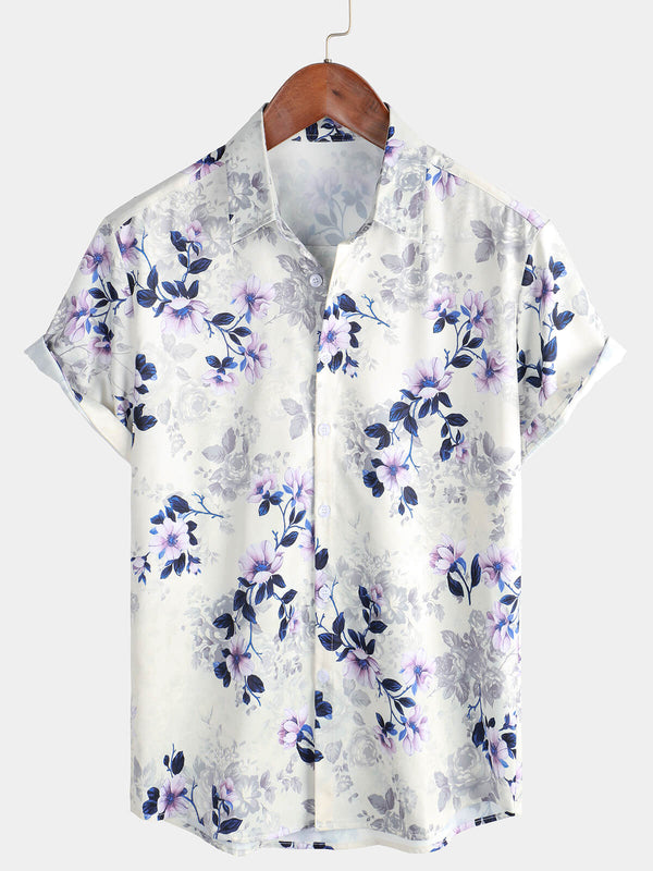 Men's Summer Short Sleeve Floral Print Casual Button-Up Shirt
