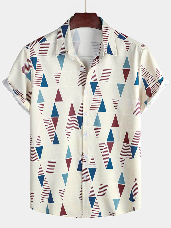 Men's Vintage Style Short Sleeve Art And Geometric Print Casual Button-Up Shirt