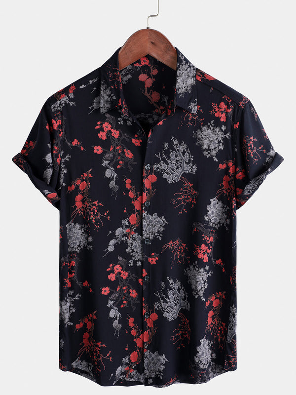 Men's Casual Rayon Shirt With Elegant Floral Pattern And Short Sleeves