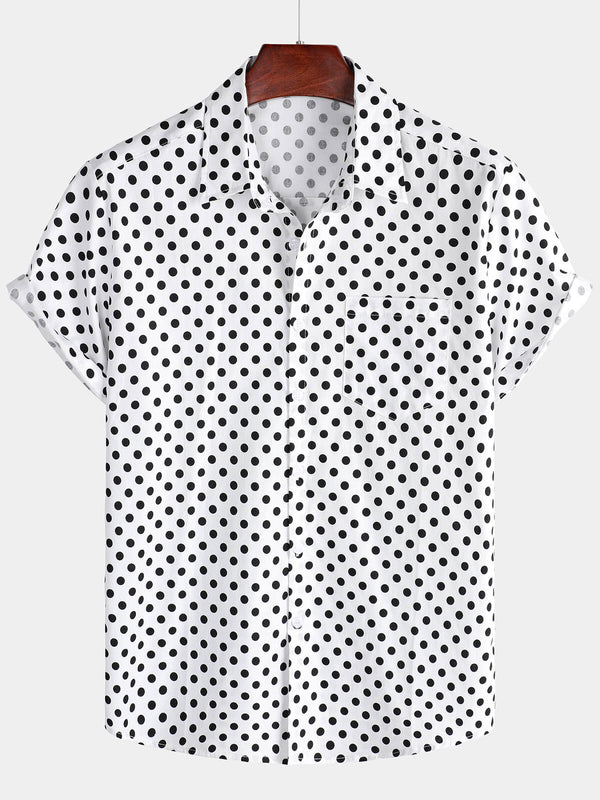 Men's Cotton Casual Polka Dot Summer Shirt With White Pockets And Short Sleeves