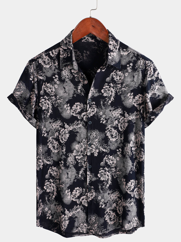 Men's Short-Sleeved Rayon Shirt With Floral Pattern For Summer Vacation
