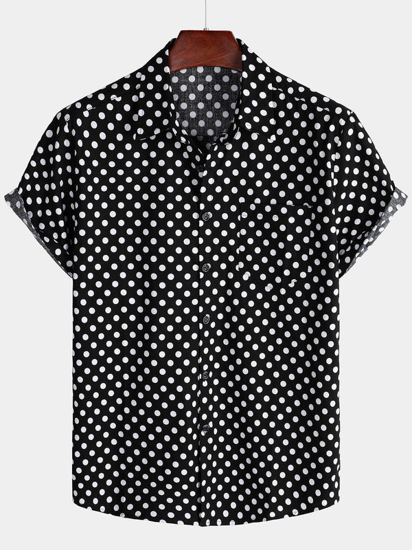 Casual Polka Dot Cotton Summer Shirt For Men With Black Pockets And Short Sleeves