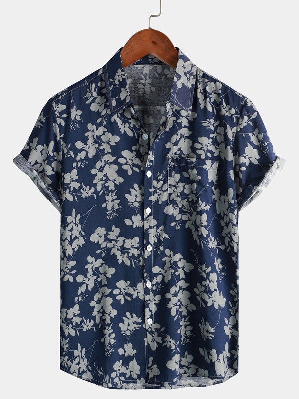 Navy Blue Short-Sleeved Button-Down Shirt With Vintage Floral Pattern For Vacation