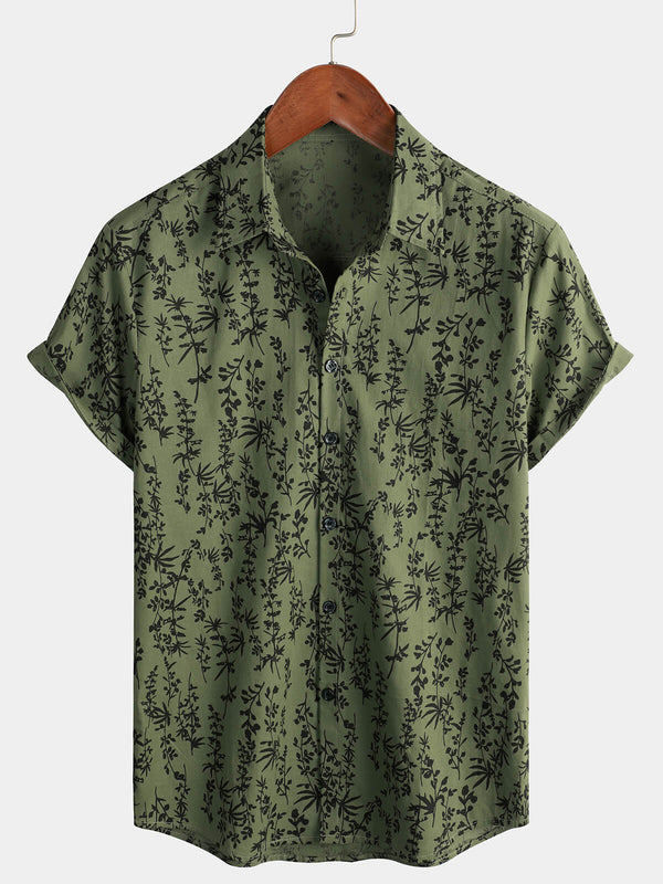 Men's Green Hawaiian Cotton Summer Vintage Floral Print Vacation Cruise Short Sleeve Button Down Shirt