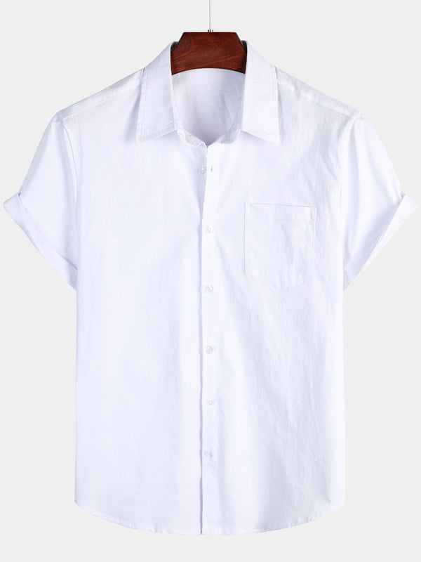 Men's Plain Linen And Cotton Shirt With Pockets, Casual Buttons And Short Sleeves