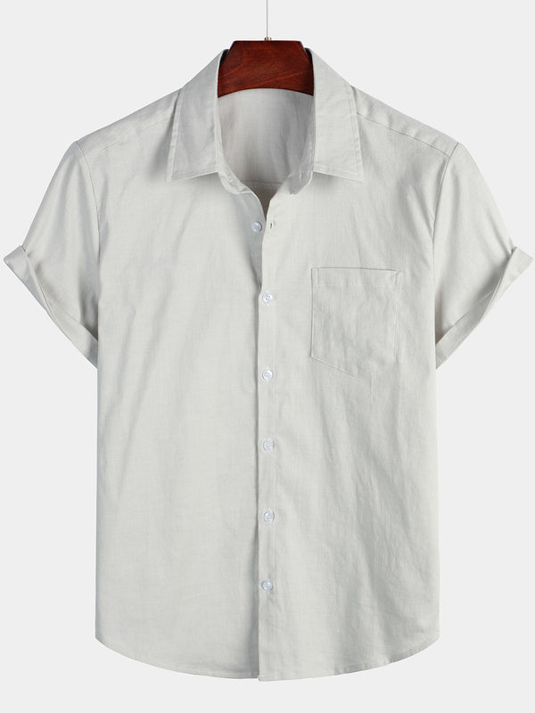 Men's Plain Linen And Cotton Shirt With Pockets, Casual Buttons And Short Sleeves