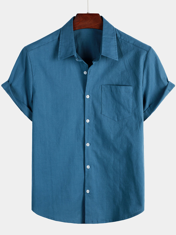 Men's Plain Linen And Cotton Shirt With Pockets, Casual Buttons And Short Sleeves
