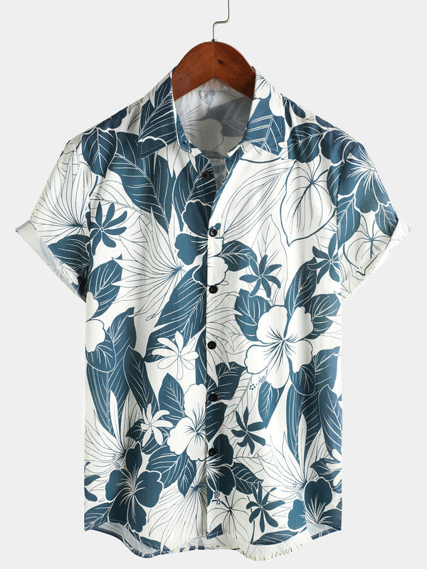 Men's Hawaiian Floral Print 100% Cotton Beach Shirt With Short Sleeves And Buttons