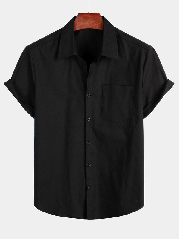 Men's Plain Linen And Cotton Shirt With Pockets, Casual Buttons And Short Sleeves