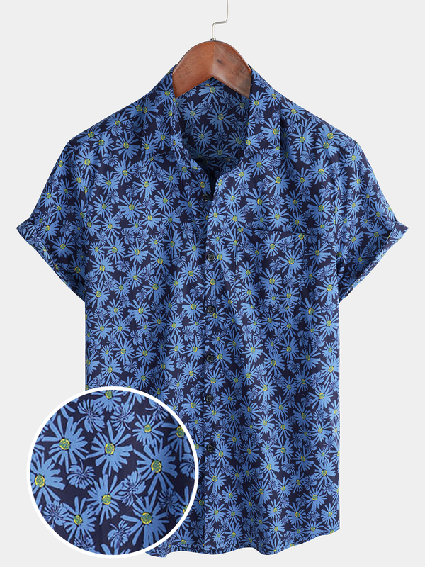 Men's Cotton Beach Shirt With Short Sleeves And Daisy Print And Pocket Buttons