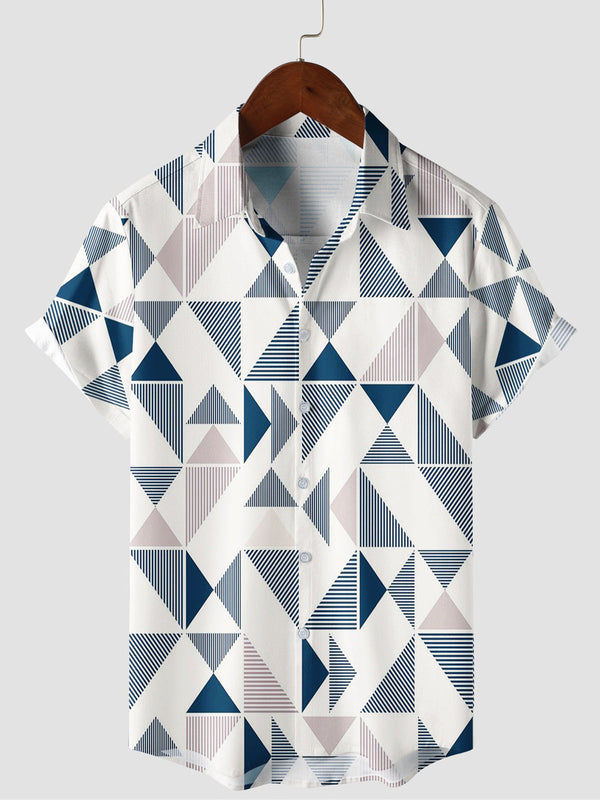 Men's Casual Blue And White Triangle Geometric Print Short Sleeve Summer Beach Button Down Shirt